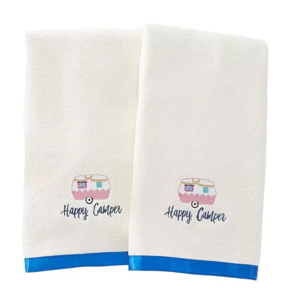 Glamper Happy Camper Hand Towels 2-Pc Embroidered Blue Border Cotton Gift NEW